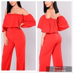 Fashion Nova Off the Shoulder Red Jumpsuit